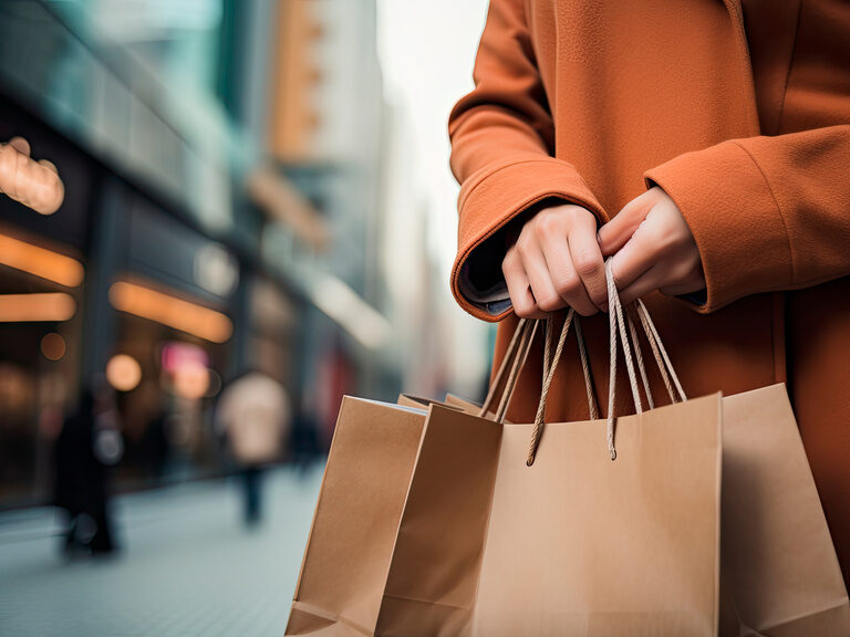 Detailaufnahme einer Frau mit Einkaufstüten in einer eleganten Einkaufsstraße in ihrem Aktivurlaub in Bayern.